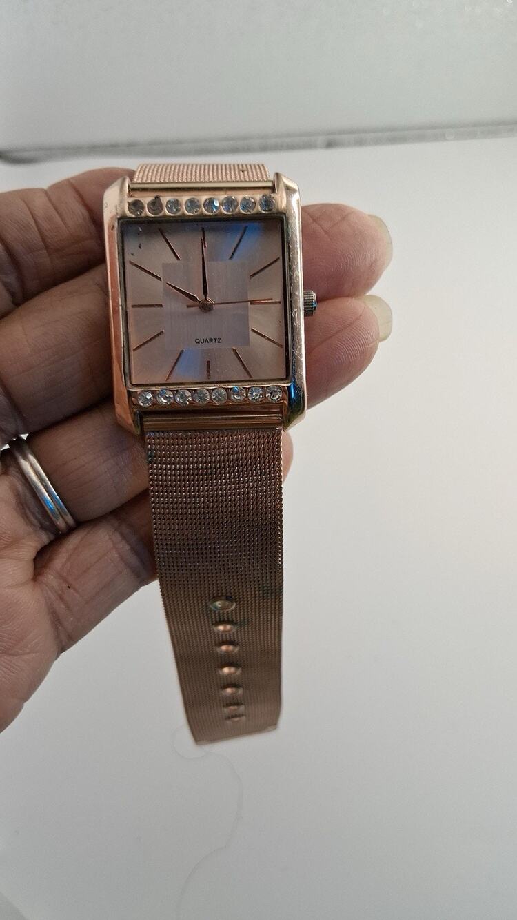 Womens Rose Gold Tone Square Watch Rhinestone Crystal Bezel Mesh Strap Quartz